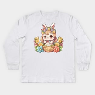 Anime Easter Bunny Girl In Basket. Spring Rainbow Flowers and Easter Eggs Kids Long Sleeve T-Shirt